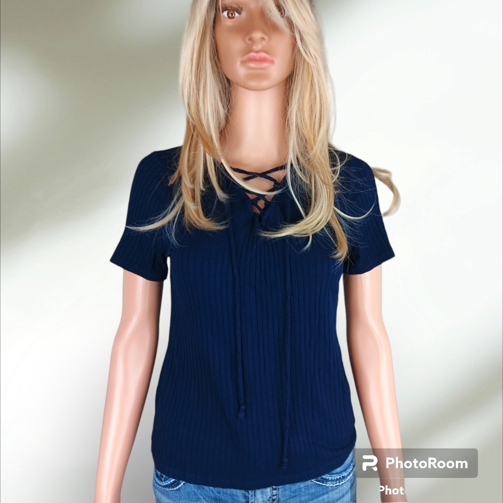 Navy blue, lace up front shirt - Picture 3 of 5